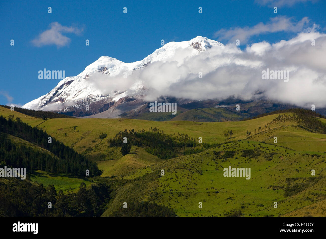 Ecuador, province Pichincha, scenery, mountains, volcano Cayambe, snowy, South America, mountain landscape, Pichincha, hill, green, mountain region, mountains, the Andes, Andes region, plateau, mountaintop, volcano summit, Cayambe, clouds, snow, Stock Photo
