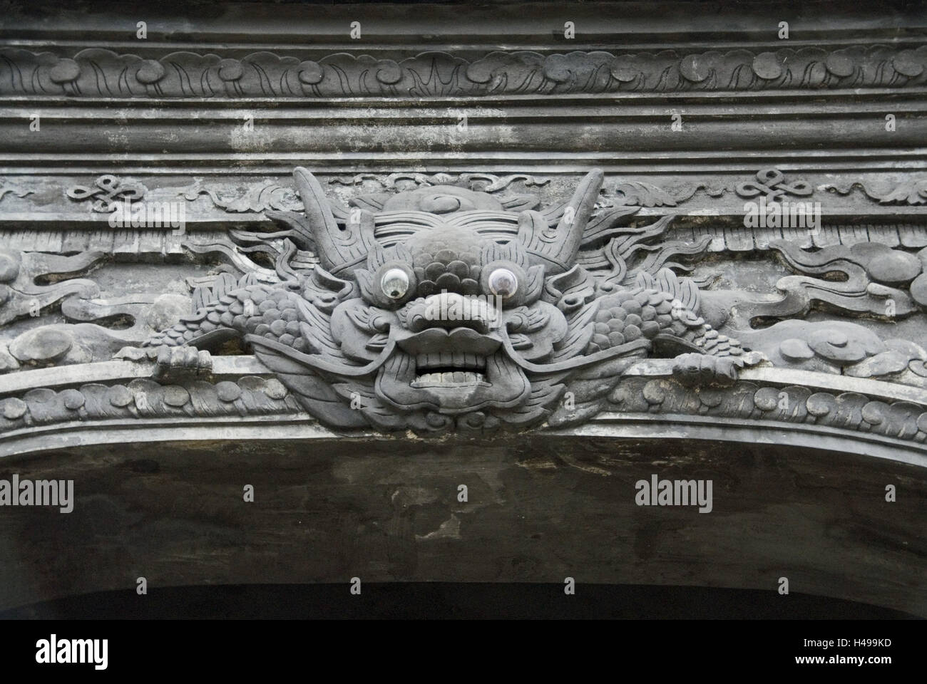 Vietnam, Hue, king's tombs, tomb 'Lang Khai Dinh', 12th king of the Nguyen dynasty, ornament, symbol figure, dragon's head, Stock Photo