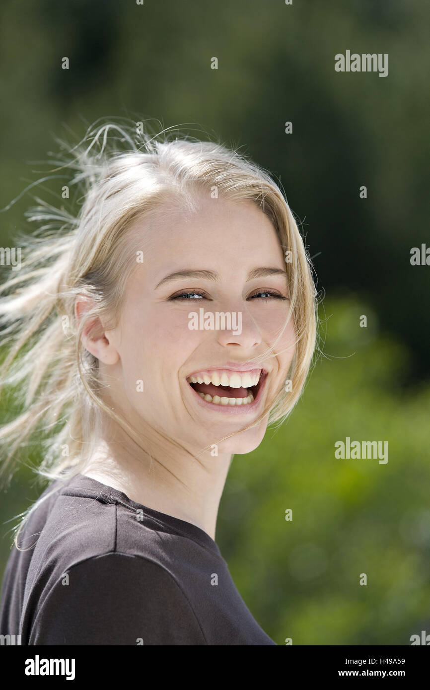 Woman, young, blonde, joyful, smiling, portrait, sidewise, model released, Stock Photo