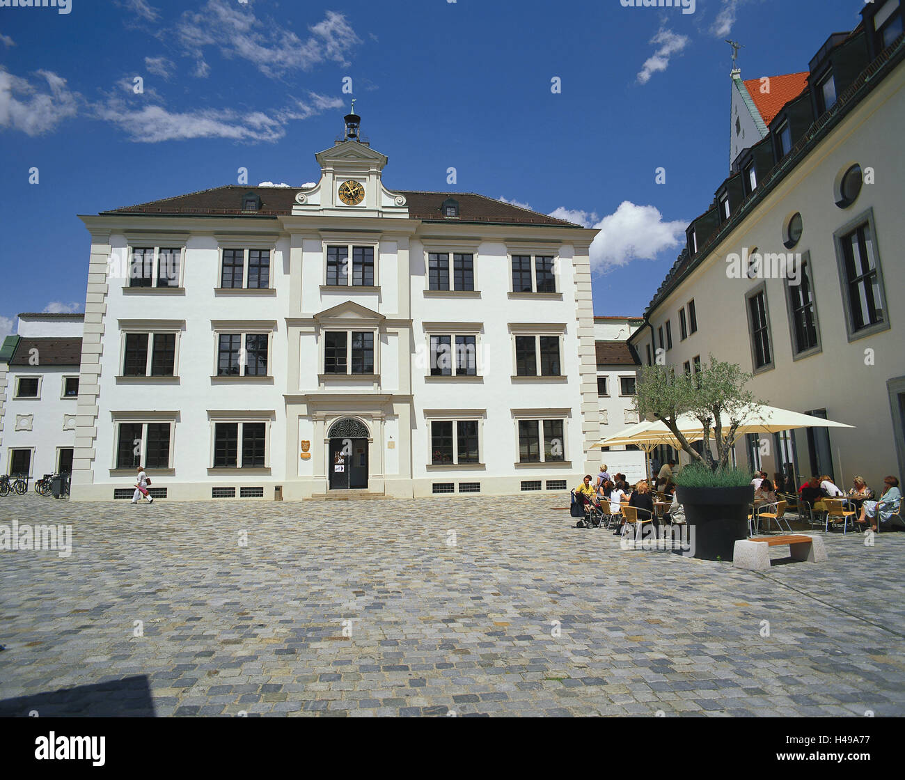 Germany, Bavaria, Augsburg, Anna's court, summer, Swabian, town, Renaissance building, contact point, architectural style Renaissance, building, historically, ecclesiastically, Protestant, place of interest, cafe, person, guests, cloudy sky, Stock Photo