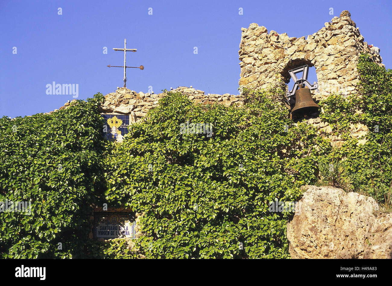 Spain, Andalusia, Costa del Sol, Mijas Pueblo, rock, pilgrimage church, place pilgrimage, place, church, stone church, band, church, structure, pilgrimage, bell, bell tower, cross, silence, rest, place of interest, pilgrim's place, religion, faith, cross, saint's picture, deserted, Stock Photo