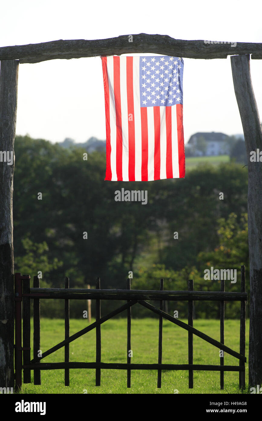 wooden fence, goal, flag, in American manner, back light, Stock Photo