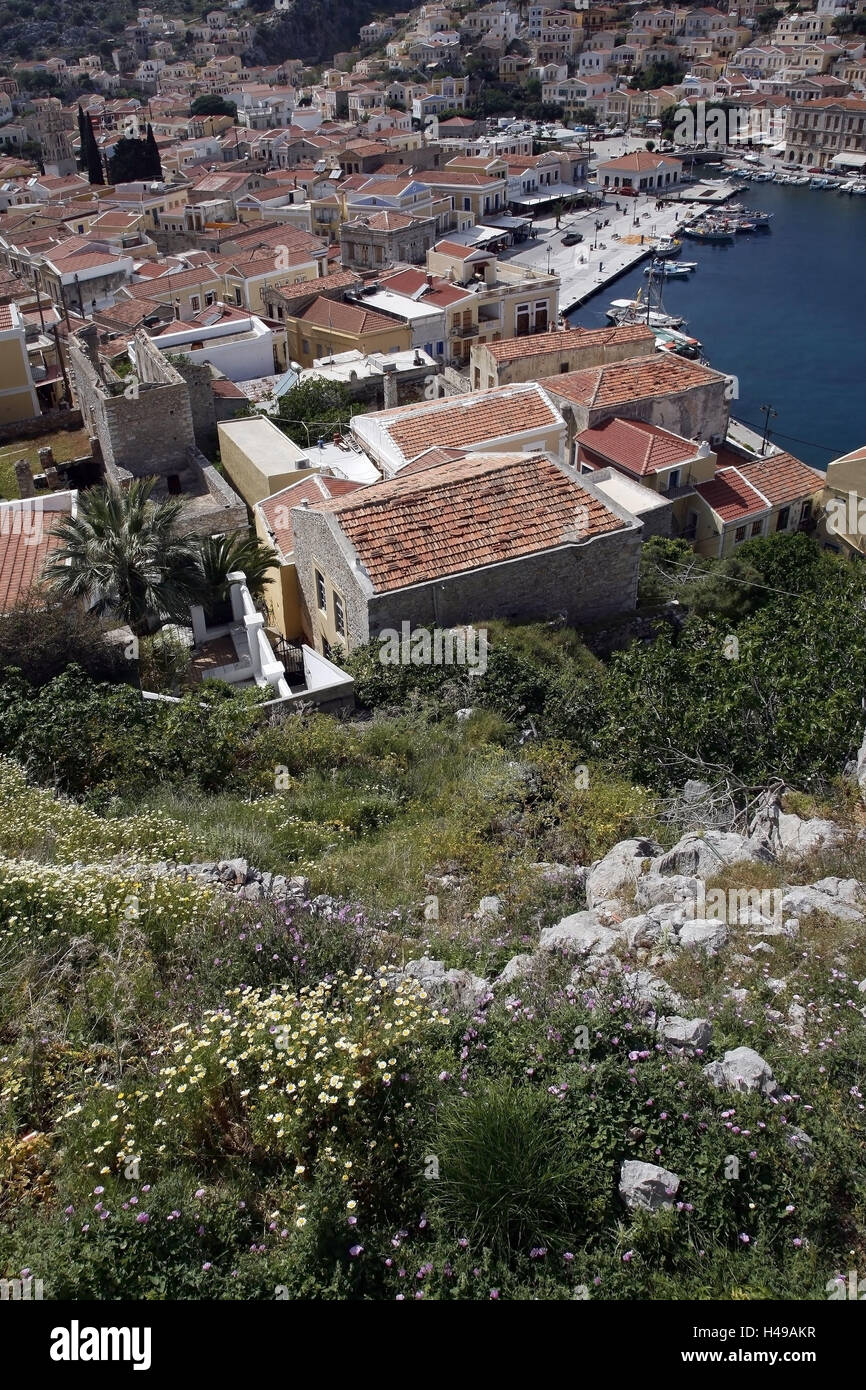 Greece, Dodekanes, Rhodes, island, Symi, hill, town overview, harbour place, Gialos, harbour, sea, view, view, local overview, overview, Simi, town, island capital, Symi town, houses, boots, ships, harbour promenade, Stock Photo