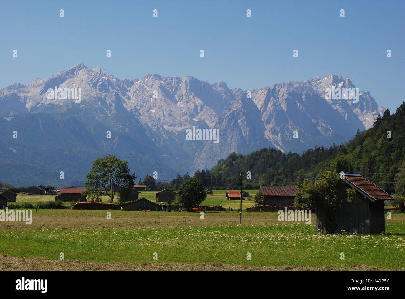 Germany, Upper Bavaria, Farchant, meadows, hay barns, view, Wetterstein ...