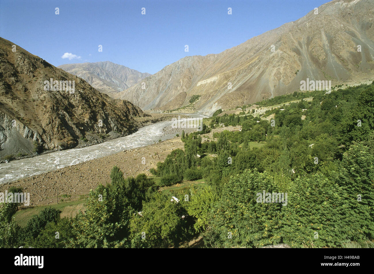 Tajikistan, river Pjandsch, oasis, mountain desert, Asia, Central Asia, Central Asia, rock, valley, waters, course of a river, mountain river, water, Steilwand, erosion, soil erosion, leaching, scanty, brusquely, two-pronged mattock, mountains, mountain landscape, scenery, river oasis, plants, plant height, shrubs, vegetation, fertile, contrast, contrast, nobody, loneliness, Stock Photo