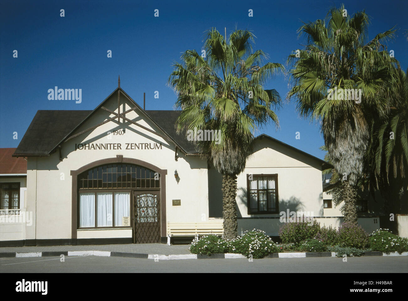 Namibia, Swakopmund, house, Maltese Knight's centre, Africa, South-West, Africa, building, historically, architecture, colonial age, colonial architecture, in German, in 1907, Maltese Knight's orders, Maltese Knight's centre, Maltese Knight, auxiliary station, charitable organisation, palms, Stock Photo