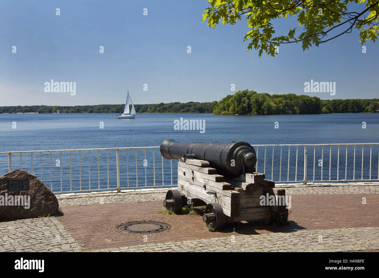 Germany, Berlin, cannon, Tegeler lake, town, ship, scenery, Tegel, sailboats, sunshine, summer, monument stone, railing, lookout, lake, Stock Photo