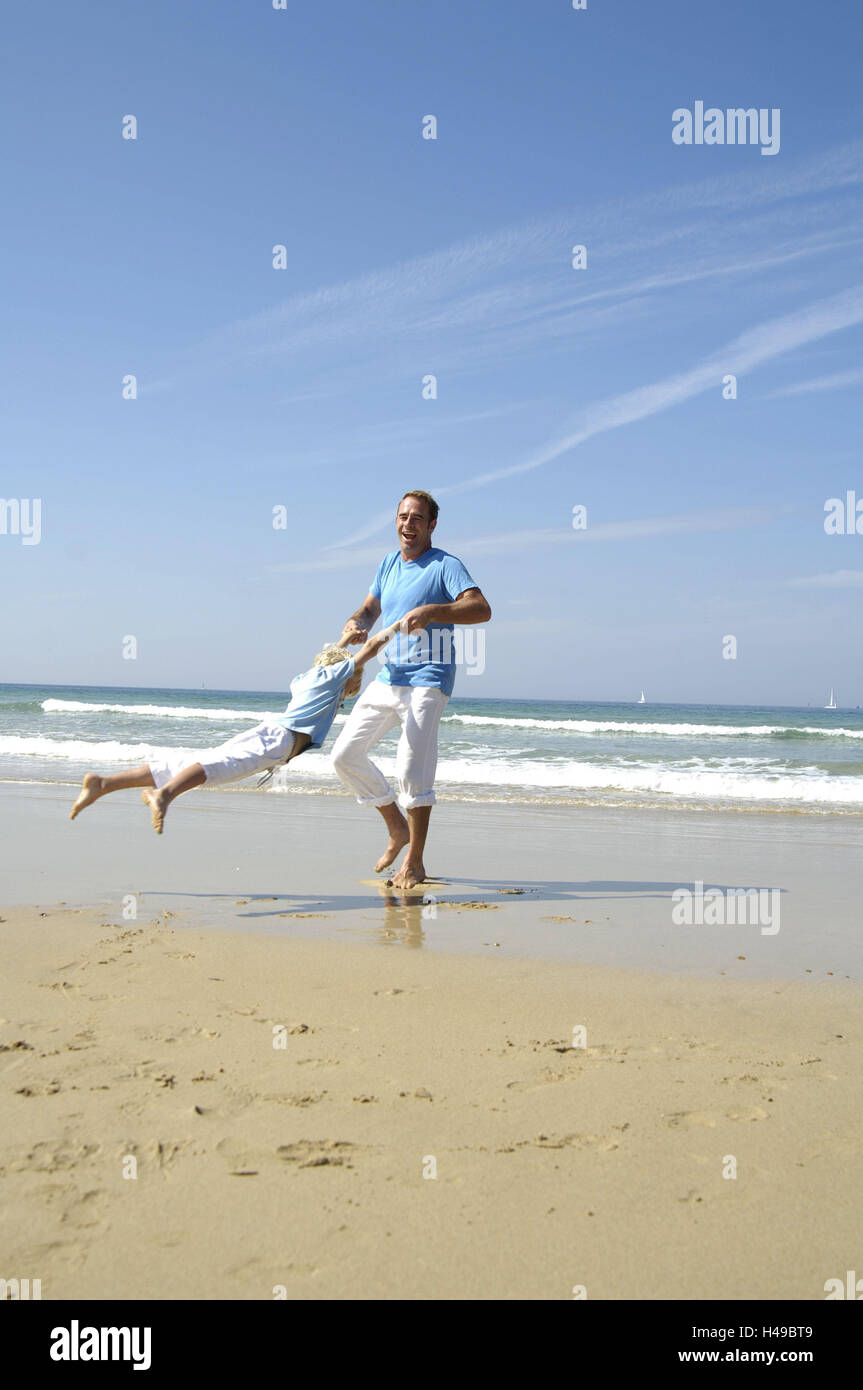 Beach, father, son, happy, game, rotate, motion, person, man, parent, child, boy, together, fun, joy, leisurewear, sunny, summer, outside, vacation, family vacation, barefoot, exuberance, cheerfulness, whole body, two, sandy beach, sea, Stock Photo