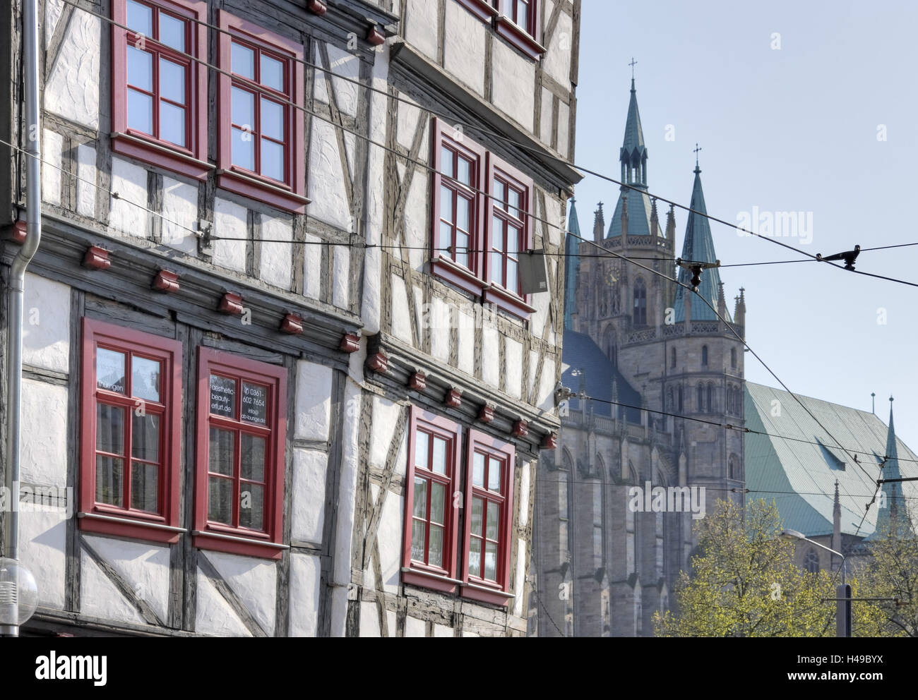 Germany, Thuringia, Erfurt, half-timbered house, church, Stock Photo