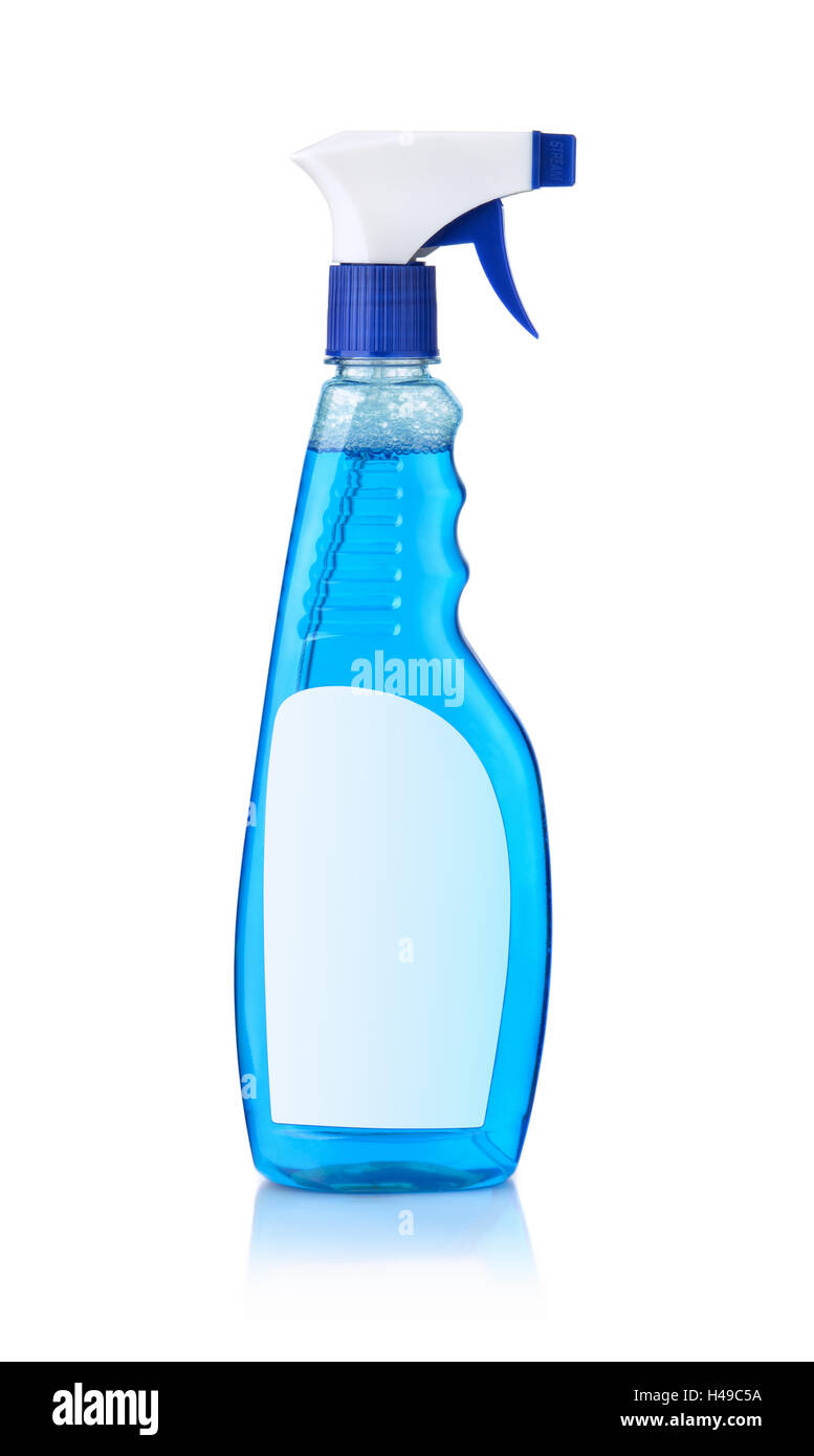 Blue glass cleaner bottle with blank label isolated on white Stock Photo