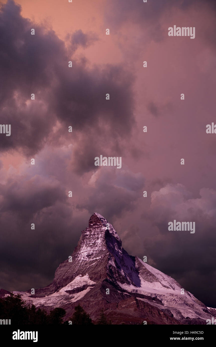 Switzerland, Valais, Zermatt, Matterhorn, clouded sky, evening mood, [M] Stock Photo