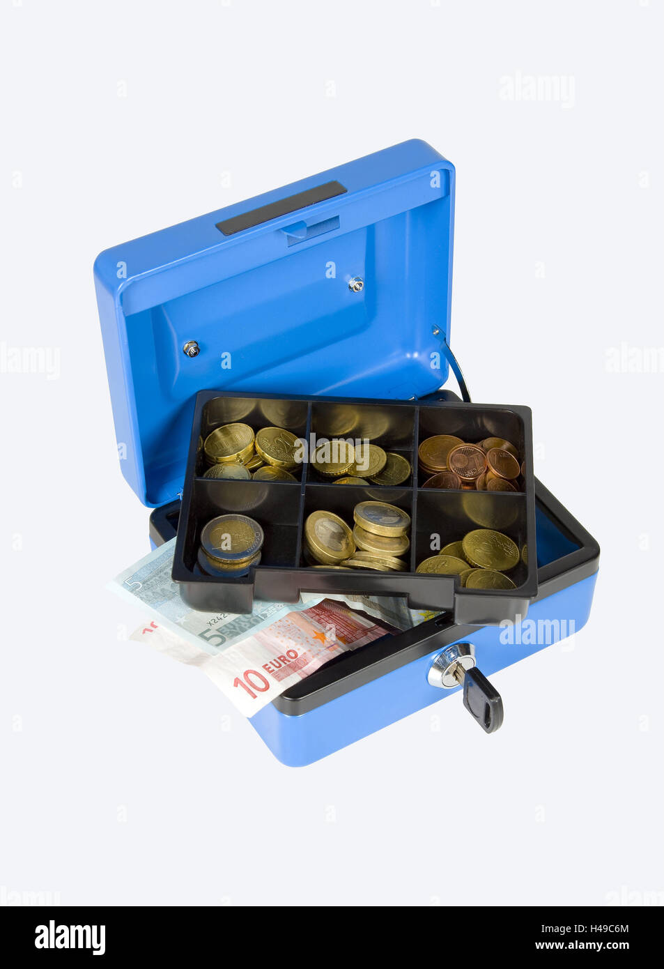 Cashbox, open, money, coins, money cassette, money, currency, euro, euro notes, euro notes, Euro coins, euro coins, sorted, filled, whole body, Finance save, savings, Key, knock-out, Stock Photo