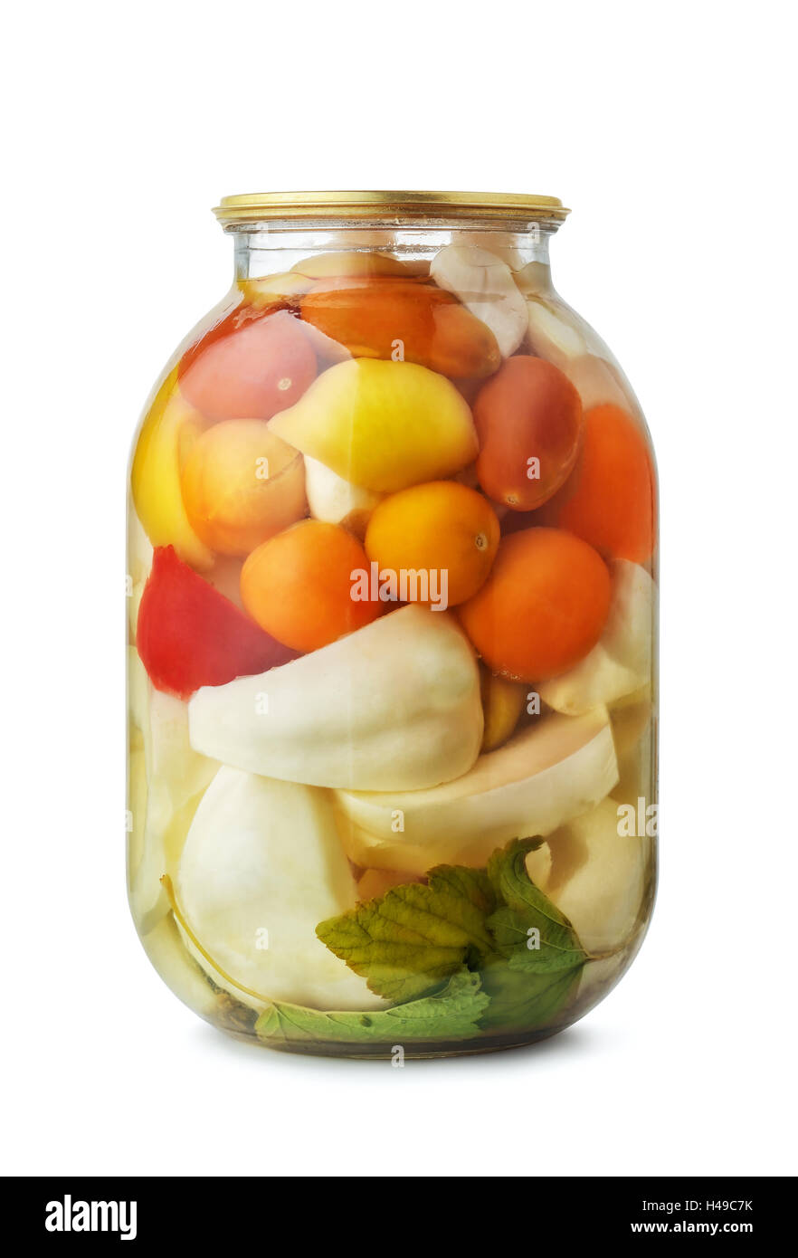 Jar of assorted pickled vegetables isolated on white Stock Photo