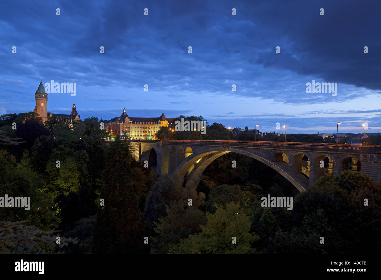 Luxembourg, capital of Luxembourg, Adolphe bridge, Place de Metz, dusk, Stock Photo