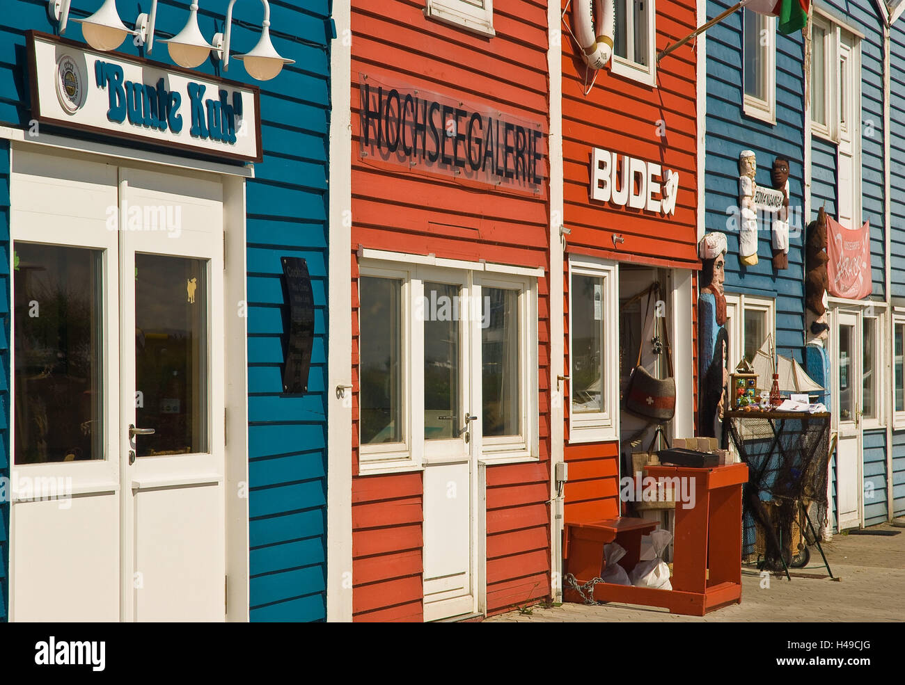 Germany, Schleswig - Holstein, island, Helgoland, harbour mile, lobster booths, North Germany, island, Helgoland, harbour, booths, timber houses, brightly, shops, souvenirs, artist's studios, tourism, vacation, nobody, Stock Photo