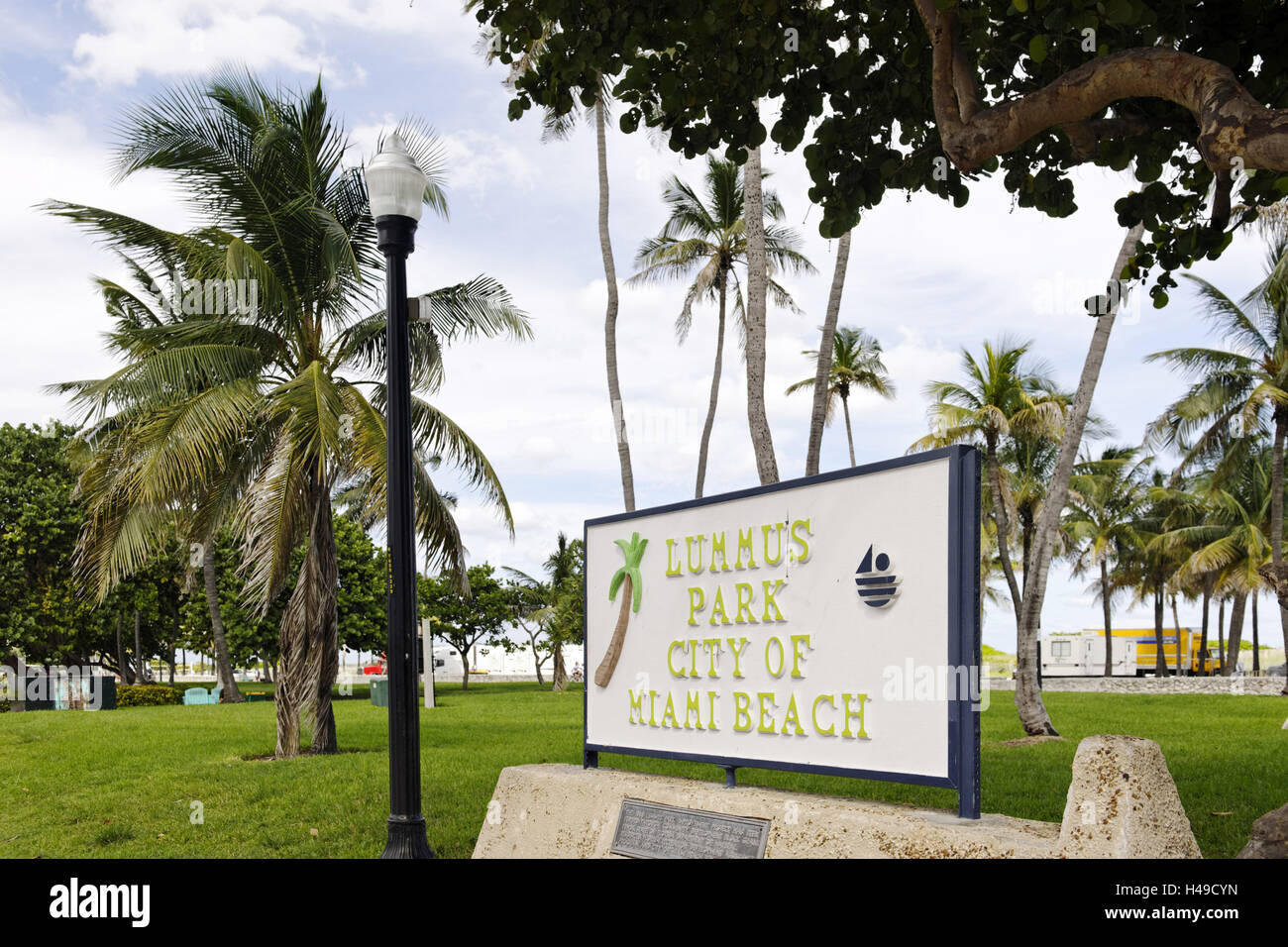 Sign 'Lummus Park', Ocean Drive, Miami South Beach, Art Deco District, Florida, USA, Stock Photo