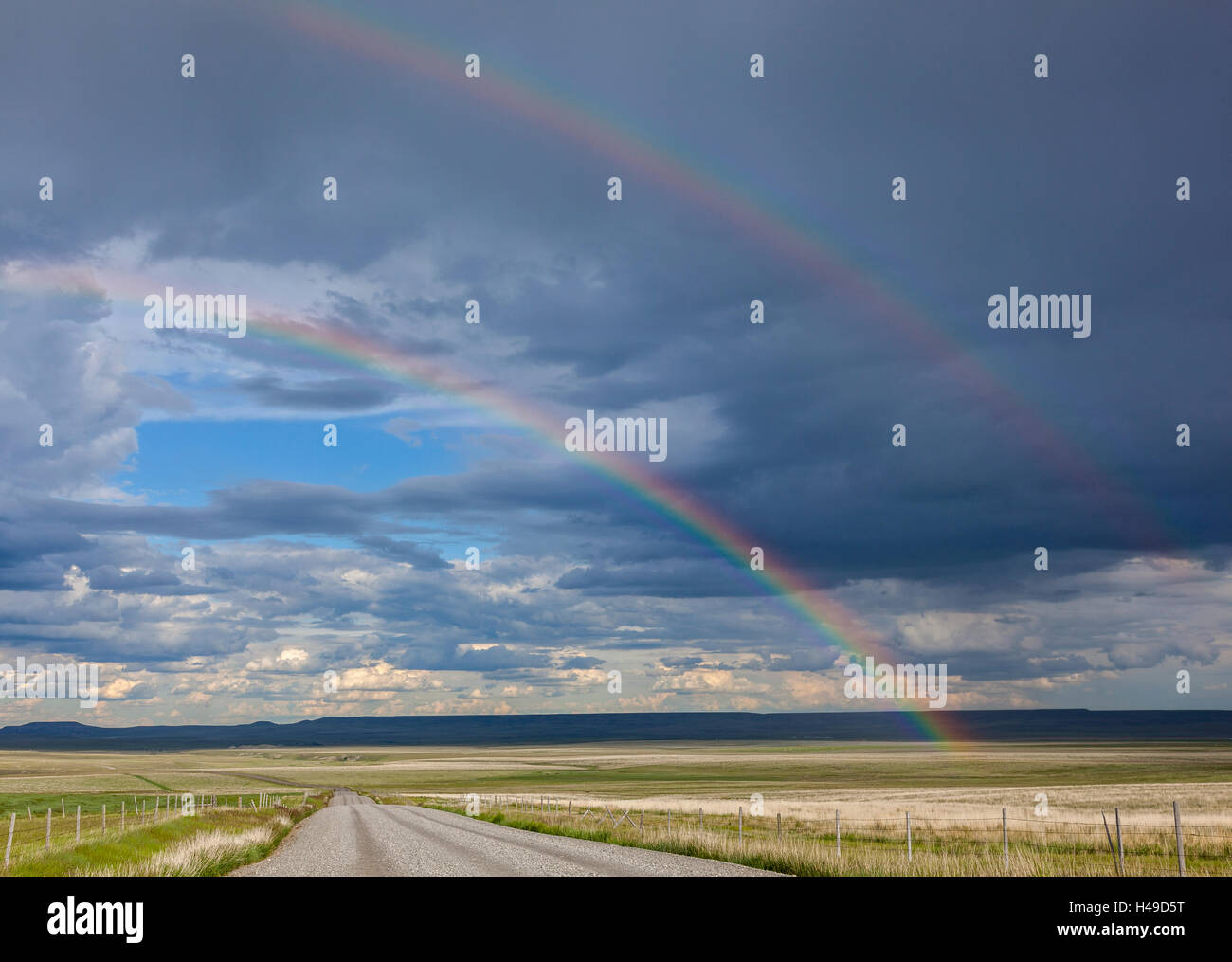 Teton County, Montana: Double rainbow over open rangelands Stock Photo