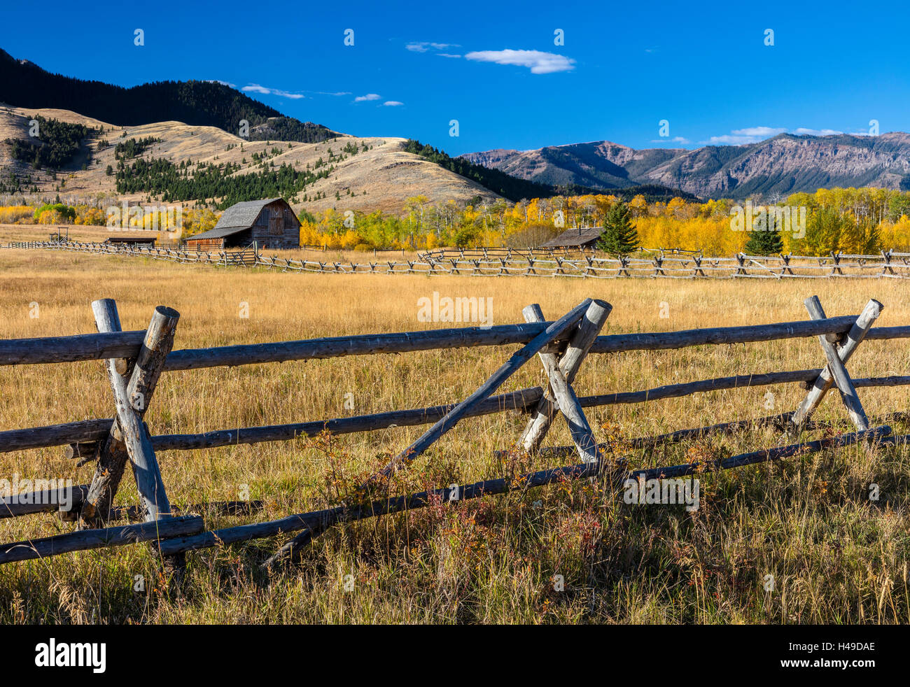 Park County, MT: Wood fence line and barn in an open meadow in fall Stock Photo