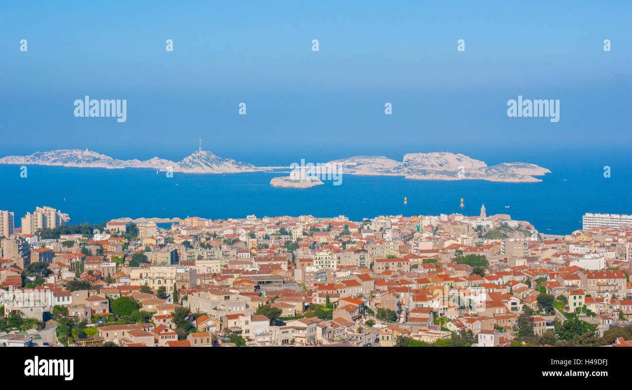 The Chateau d'If and neighboring offshore islands seen from Marseille. Stock Photo