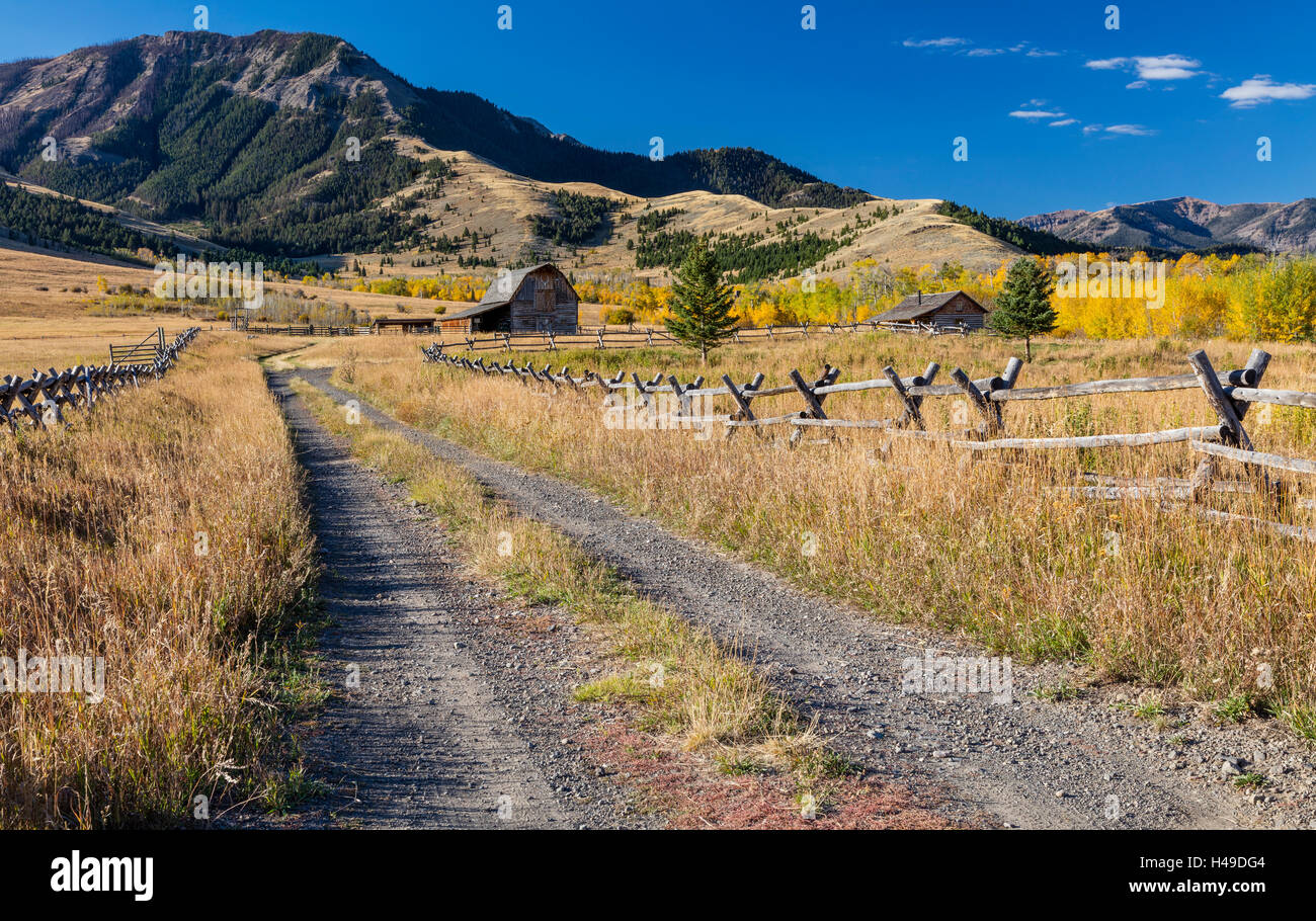 Park County, MT: Gravel two track leads to wood barn and ranch under the Gallatin Range in fall. Stock Photo