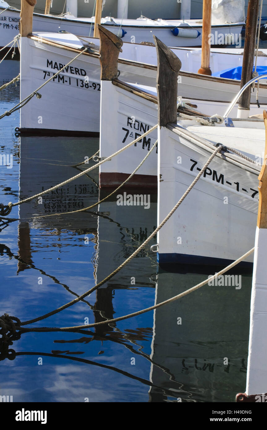 Fishing boats in the water, Portocolom, Majorca, Spain, Stock Photo