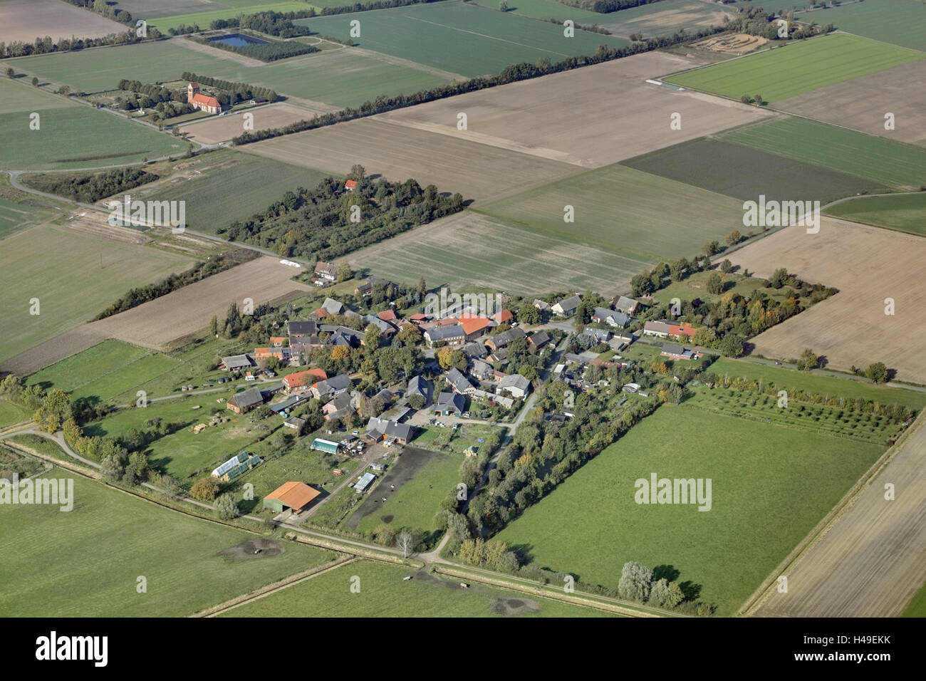 Germany, Lower Saxony, Lemgo-Kriwitz, aerial shots, village, overview, aerial picture, Storchenstrasse, meadows, fields, houses, buildings, Kriwitz, Stock Photo