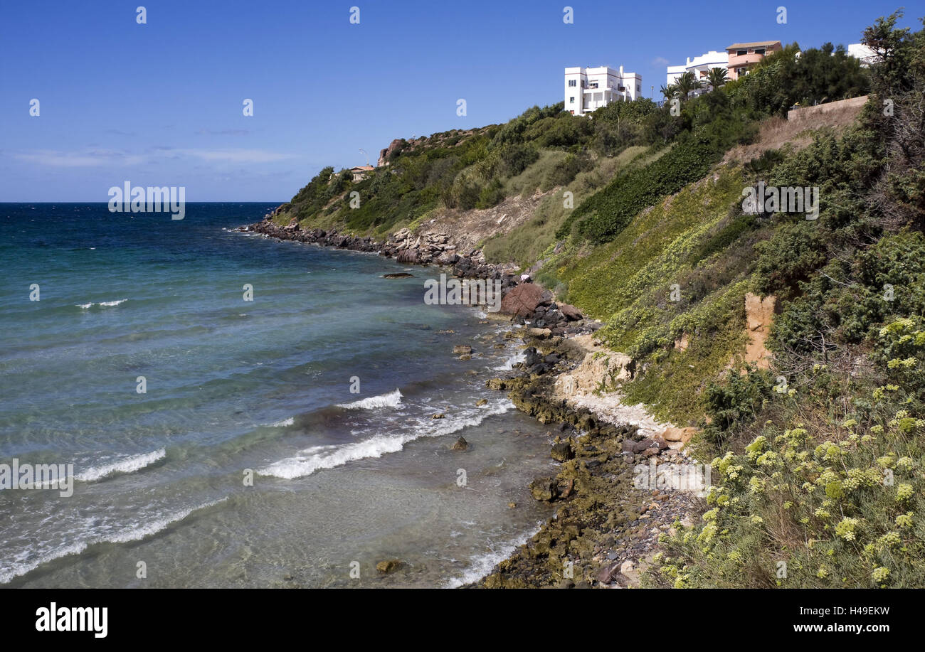 Italy, Sardinia, Sant' Antioco, Calasetta, coastal scenery, sea, Europe, Southern Europe, north coast, Isola Sant'Antioco, island, local view, coastal town, houses, scenery, vegetation, Macchia, rock, rocky, the Mediterranean Sea, nobody, horizon, Stock Photo