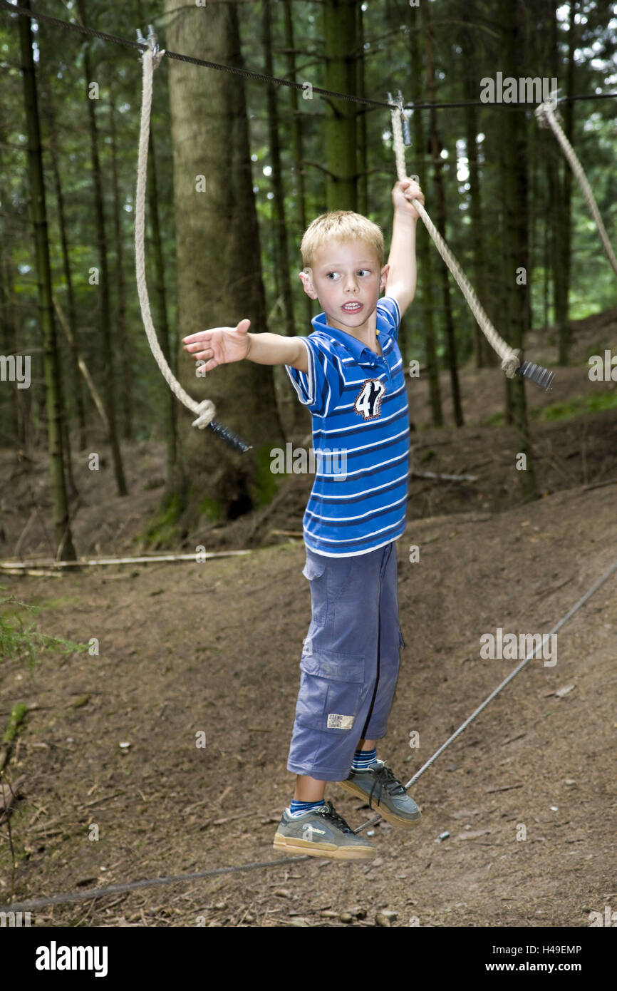 Germany, Swabian Gmünd, experience wood path Naturatum, boy, skill path, balance, Baden-Wurttemberg, wood, person, child, teaching path, forest experience path, experience path, Forest nature trail, play, teaching path, obstacle passage, steel rope, skill, rope dance, rope, cross, motion, balance, discover, playfully, try out, nature experience, wood, nature, childhood, nature-loving, whole bodies, outside, Stock Photo