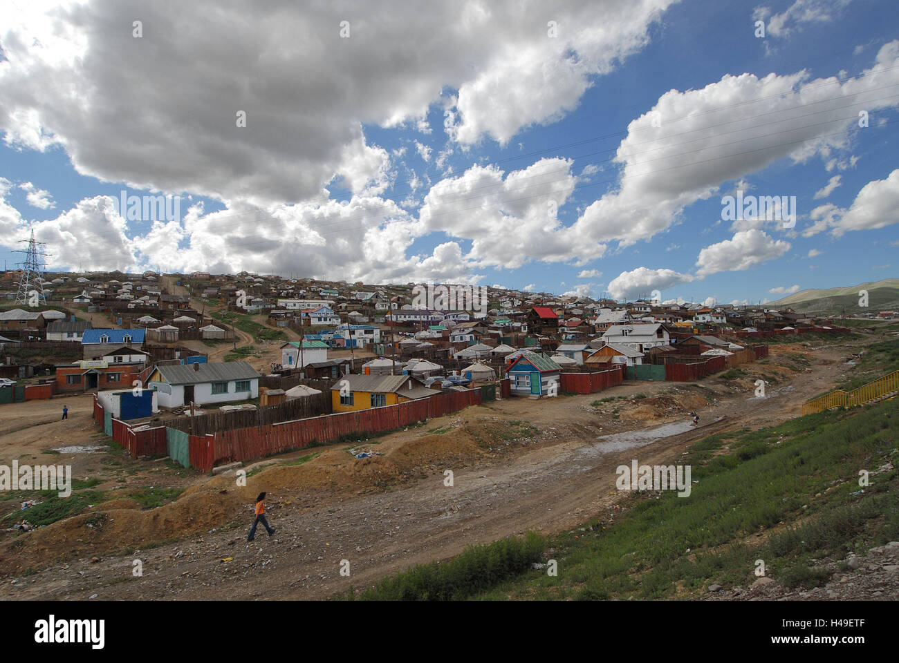 Mongolia, Ulan Bator, suburb, settlement, Asia, Central Asia, town, capital, part town, suburb, houses, residential houses, scenery, heaven, clouds, cloudy sky, people, street, go, Stock Photo