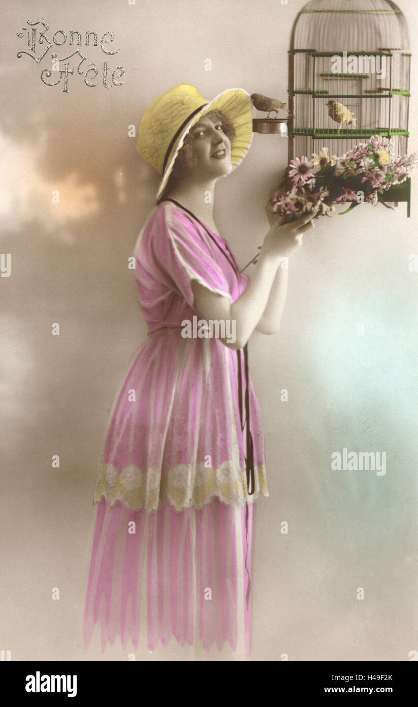 Nostalgia, young woman, dress, hat, flowers, Birdcage, postcard, nostalgic, Stock Photo