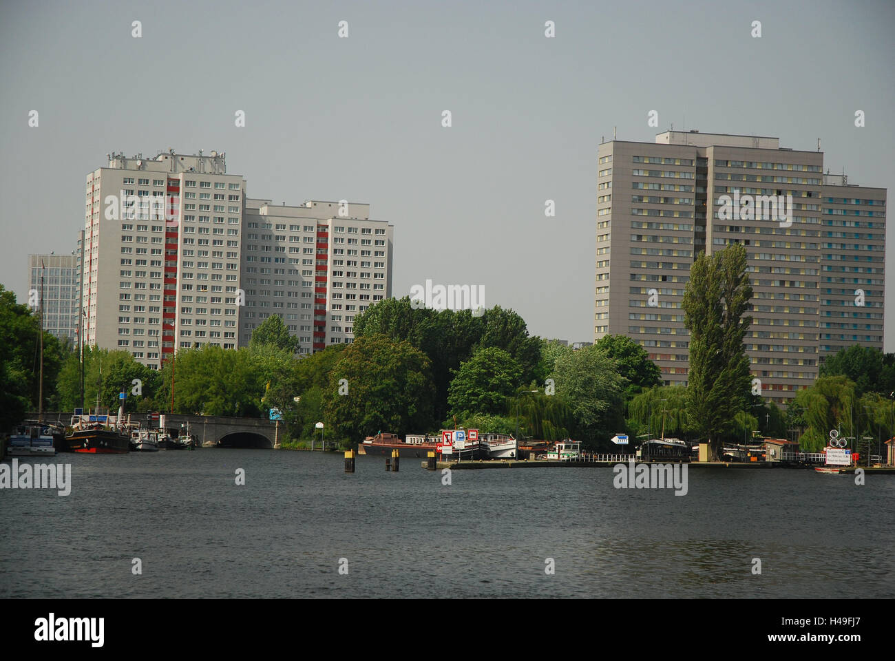 Germany, Berlin, Friedrich's grove, high rises, the Spree, fishing island, capital, Berlin-Friedrich's grove, river, building, residential blocks, shores, riversides, boots, landing stage, Stock Photo