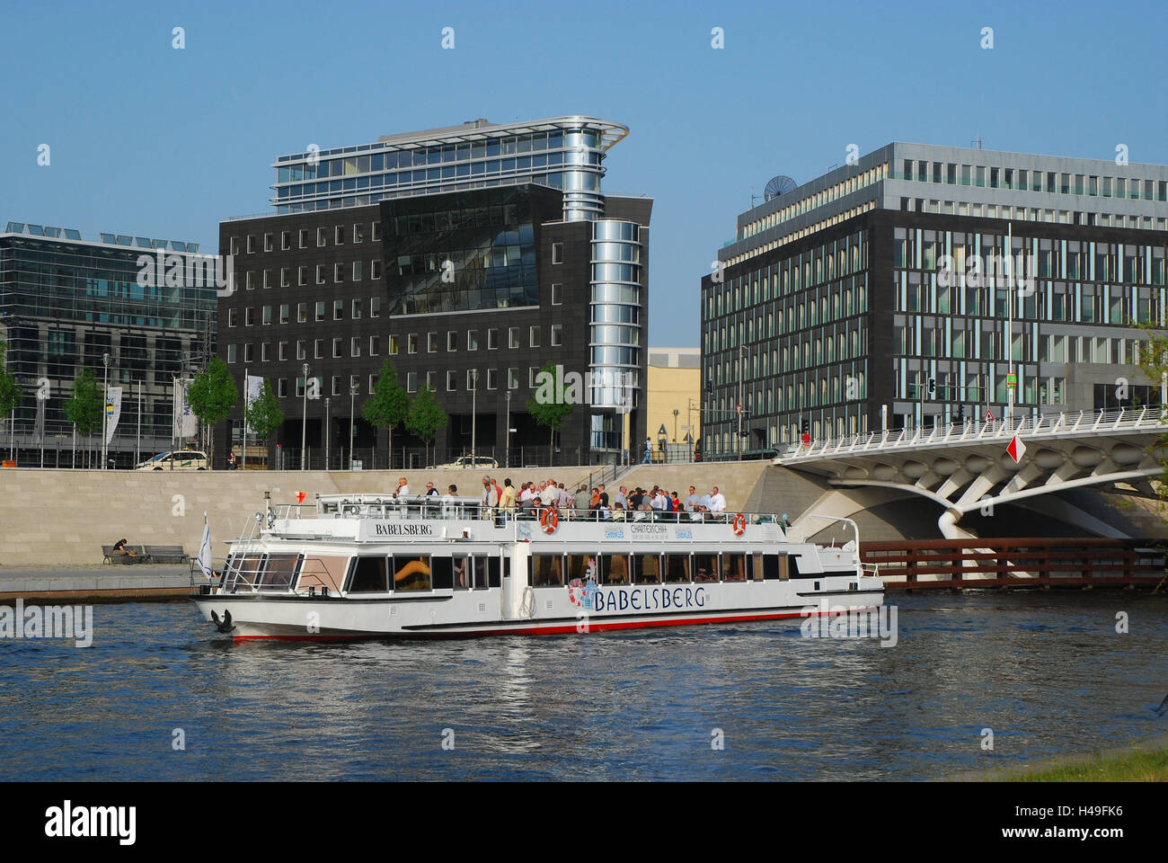 Germany, Berlin, Spree bow, excursion boat, building, facades, town, capital, Berlin middle, government district, Spree shore, house facades, architecture, glass fronts, administration buildings, the Spree, holiday ship, ship, boat, tourist, sightseeing, Stock Photo