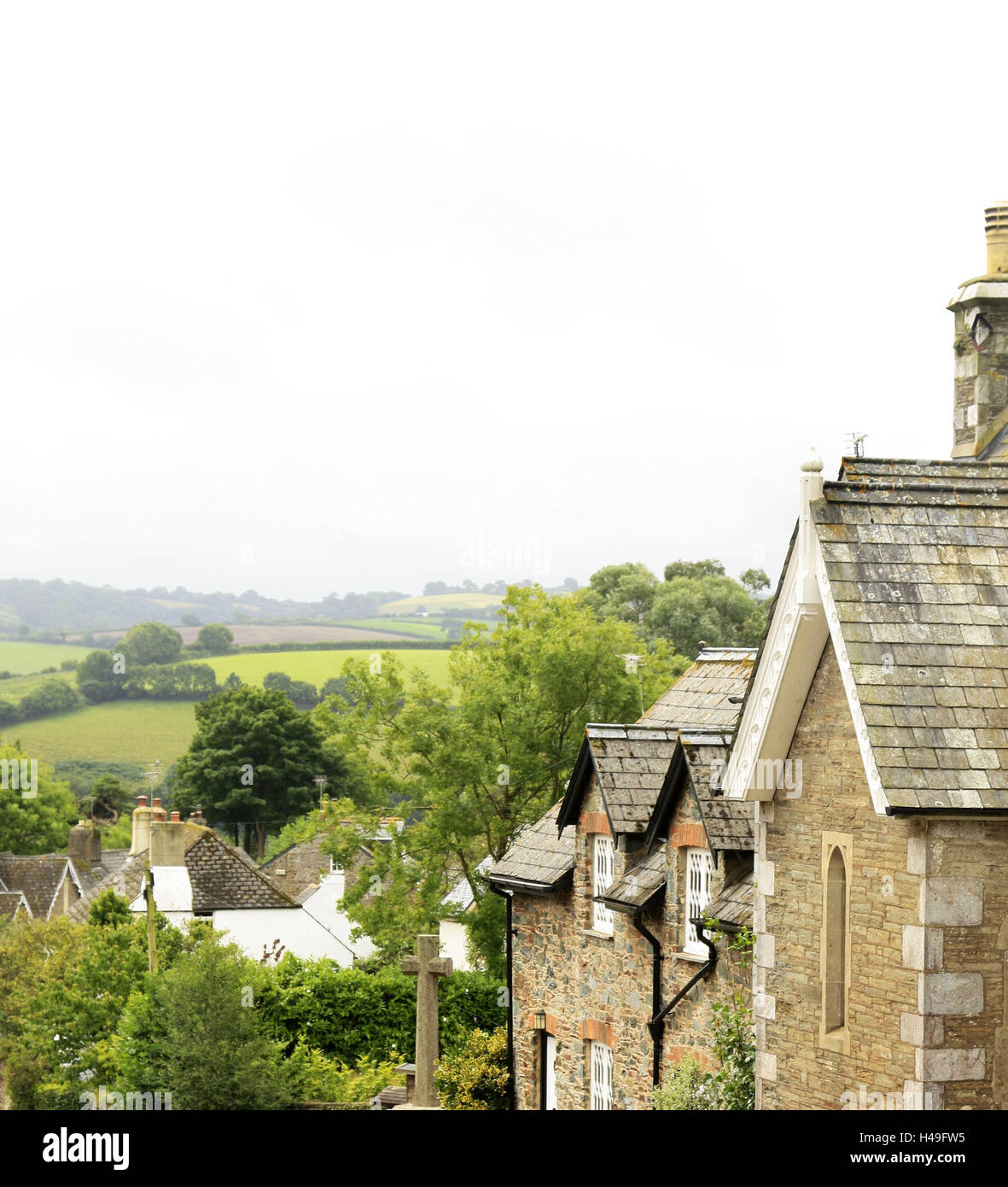 UK, Devon, Ashprington, townscape, summer, England, rolling landscape, place, village, stone houses, houses, residential houses, facades, architecture, typical for the country, place of interest, destination, tourism, Stock Photo