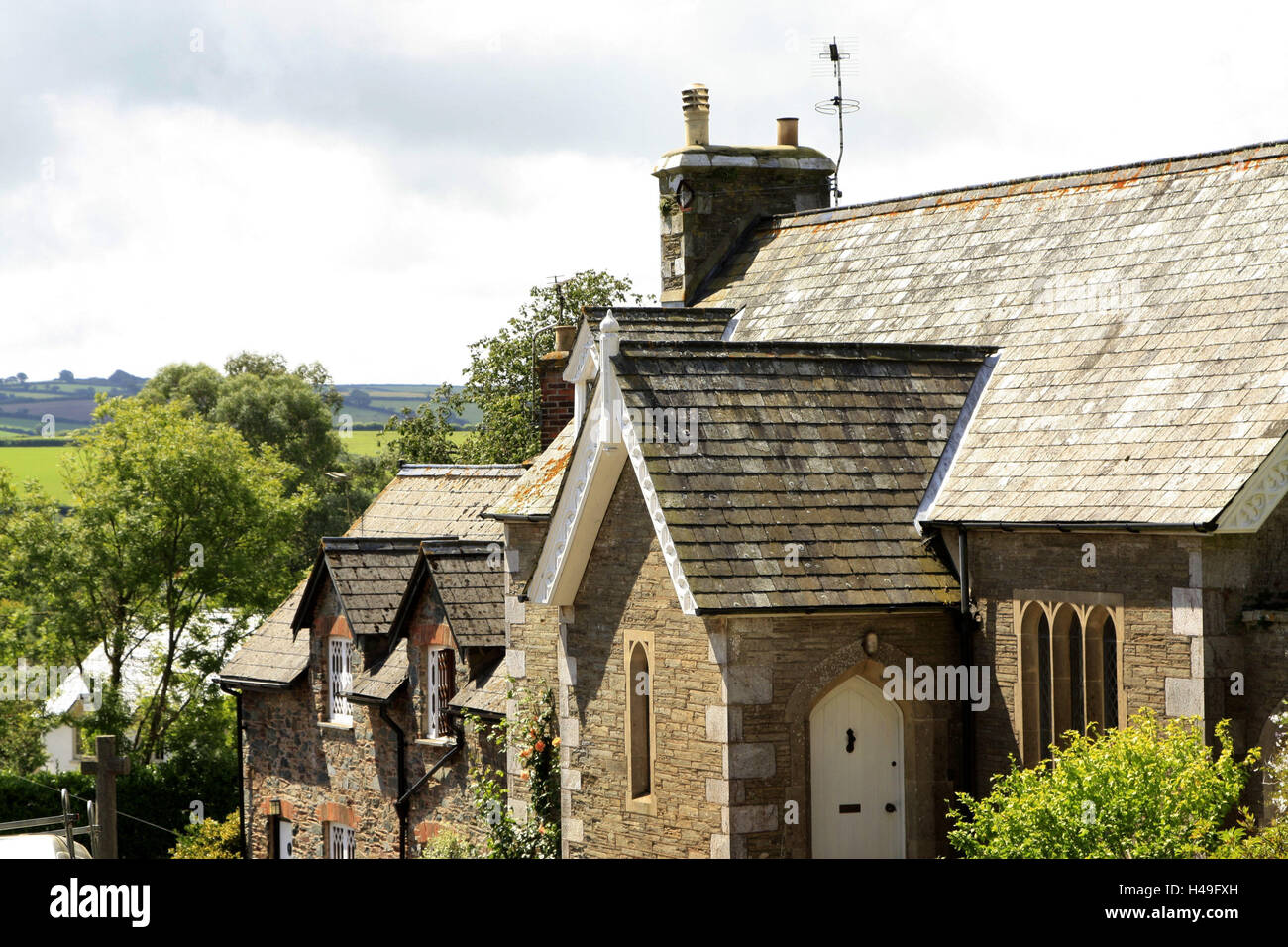 UK, Devon, Ashprington, townscape, England, place, village, houses, buildings, architecture, typical for the country, rural, place of interest, destination, tourism, Stock Photo