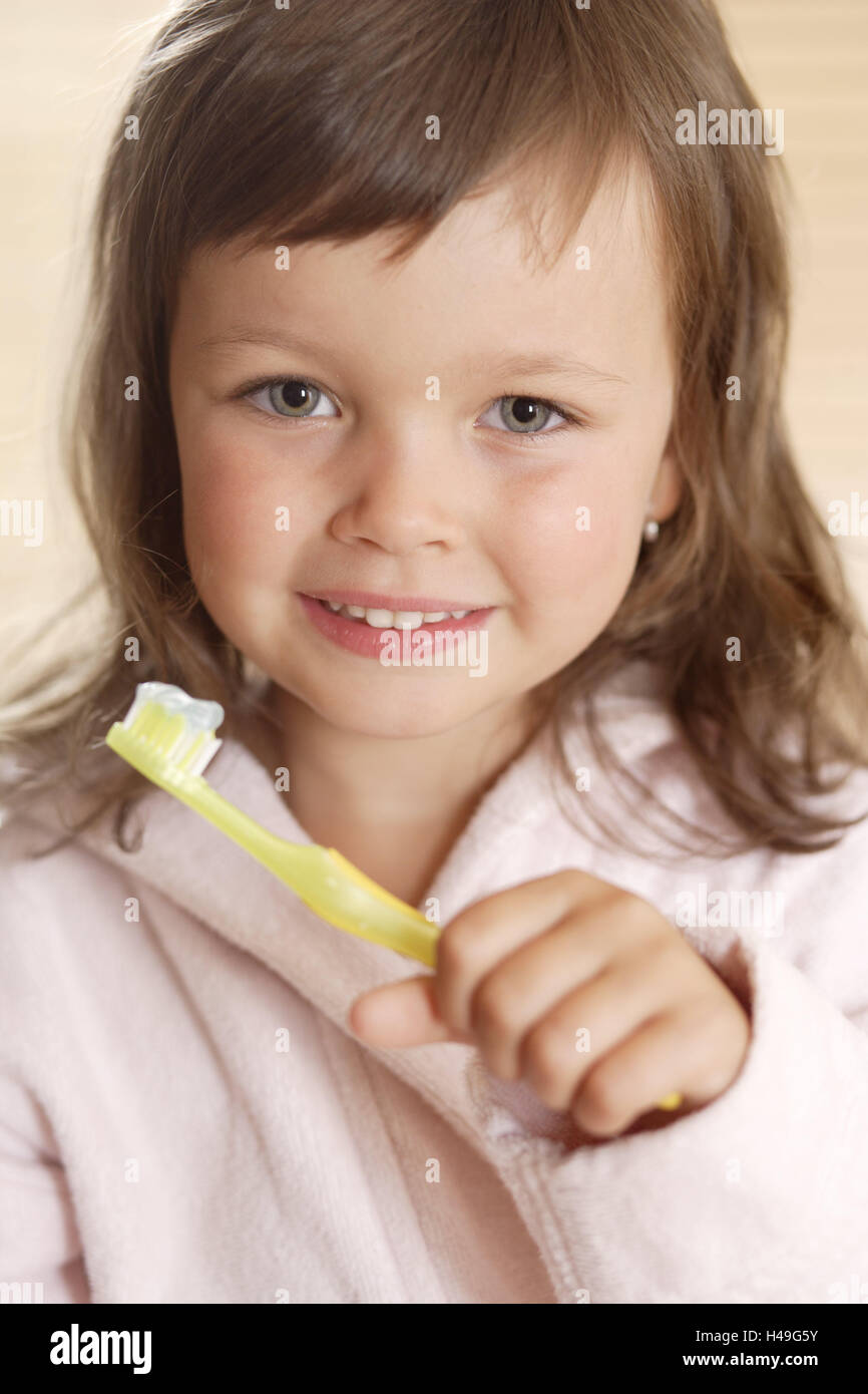 Child, girl, cog cleaning, smile, hold portrait, care, hygiene, cog care, oral hygiene, childhood, 4-6 years, hand, toothbrush, toothpaste, independently, precaution, health, education, Stock Photo