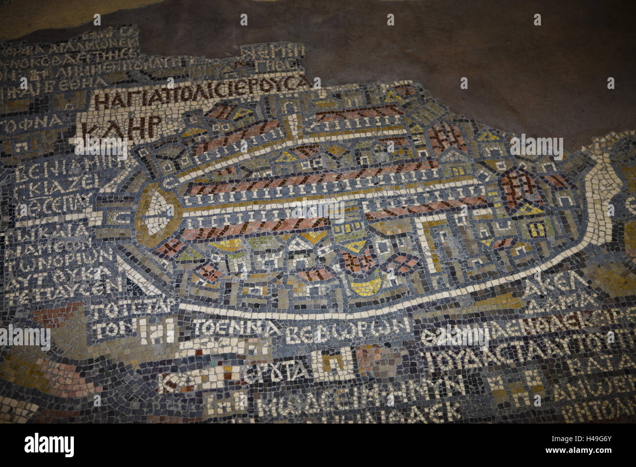 Jordan, city of Madaba, mosaic card of Madaba, piece Georgskirche, Stock Photo