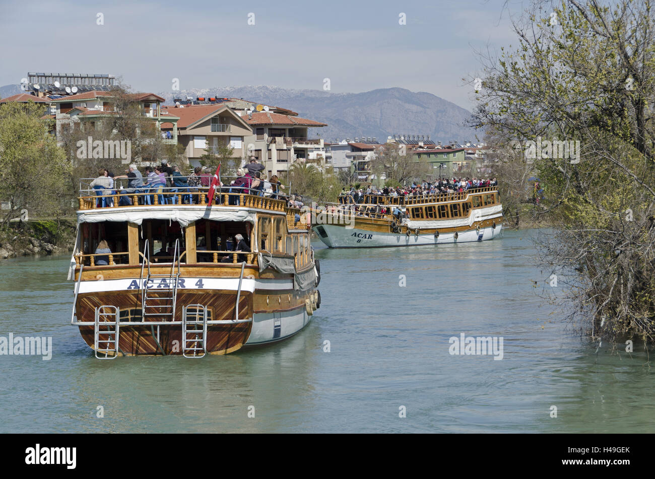 Turkey, south coast, province of Antalya, Manavgat, flux, excursion steamer, tourist, Manavgat flux, steamboat, holiday ships, ships, people, river scenery, tourism, ship excursion, excursion, Stock Photo