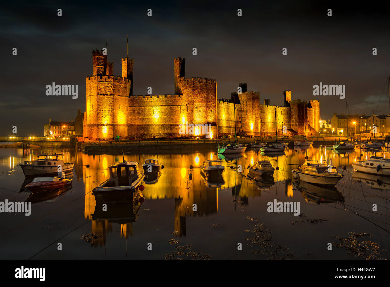 Caernarfon Castle at Night Stock Photo