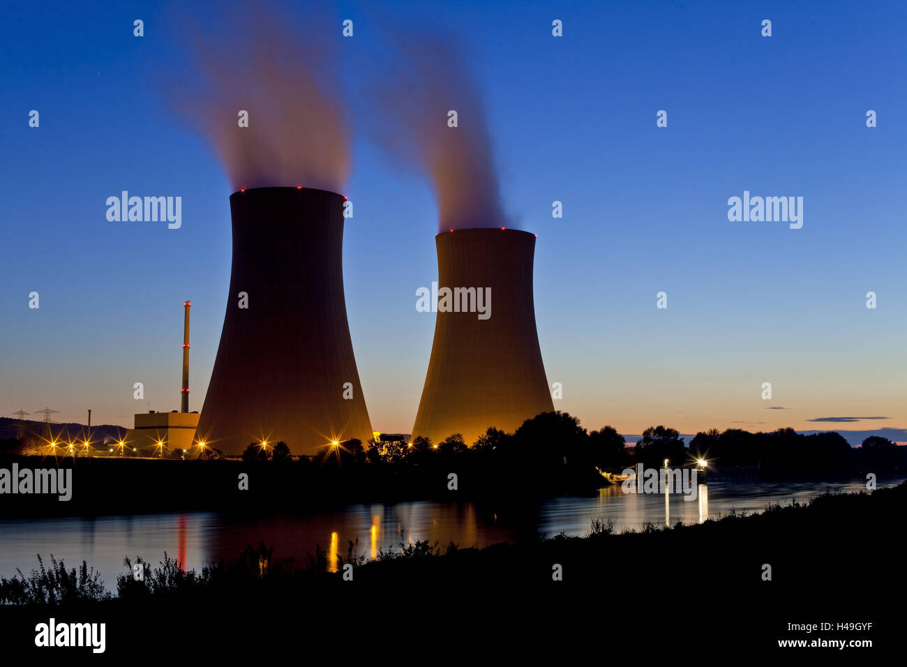 Germany, Weser Hills, Lower Saxony, Grohnde, nuclear power plant, sunset, Stock Photo
