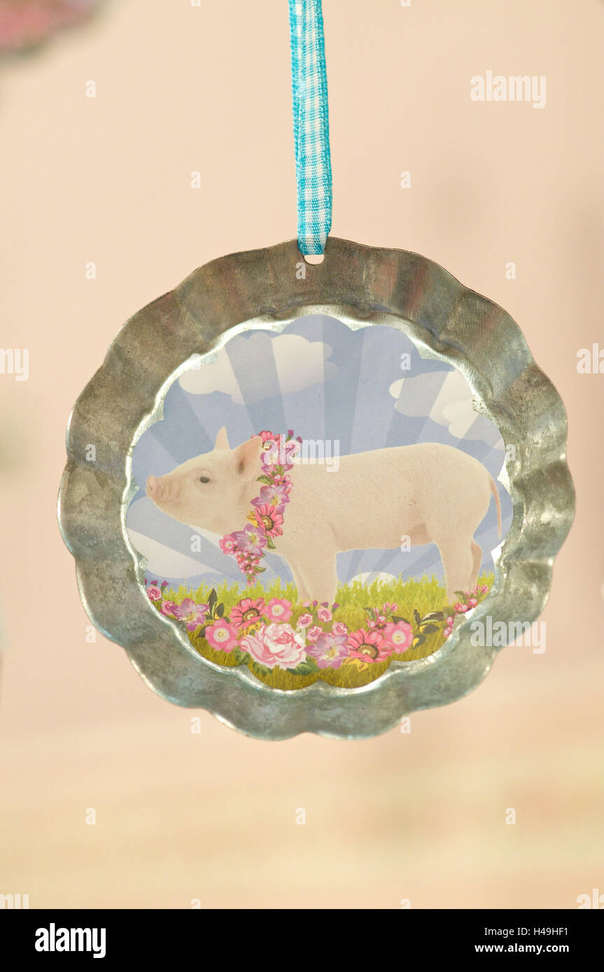Baking dish, old, painted, lucky pig, Stock Photo
