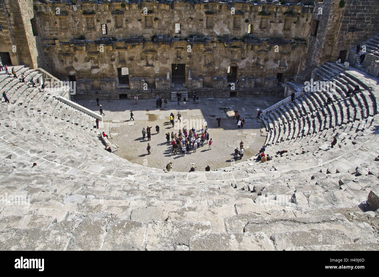 Turkey, south coast, province of Antalya, Aspendos, amphitheatre, interior, tourist, tourists, people, tourist, tourists, tourism, place of interest, ruin site, antique, theatre, Roman, amphitheatre, Stock Photo