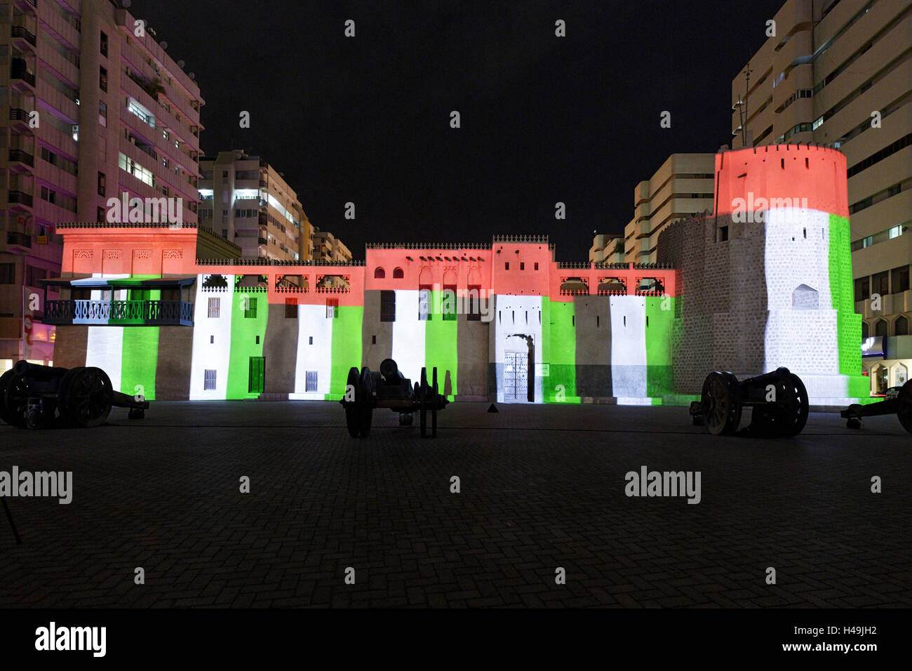 Video projection national colours on the Al Hisn Fort, museum, Sharjah Light Festival, Emirate of Sharjah, United Arab Emirates, Arabian Peninsula, the Middle East, Asia, Stock Photo