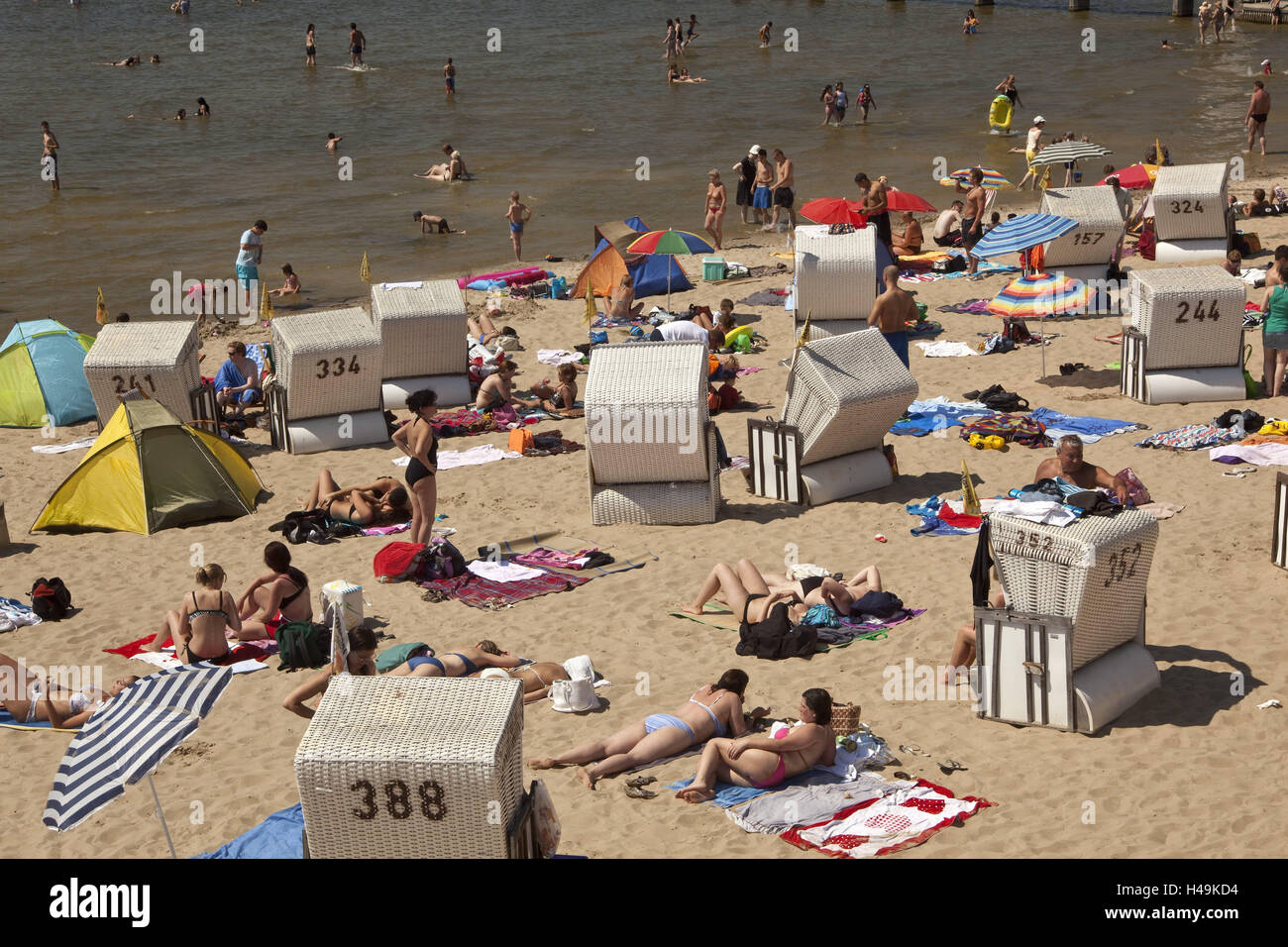 Beach swimming area, lake, beach swimming area, person, town, scenery, summer, bath lake, have of a bath, sunshine, beach chairs, bridge, sea view, beach, vacation, season, Stock Photo