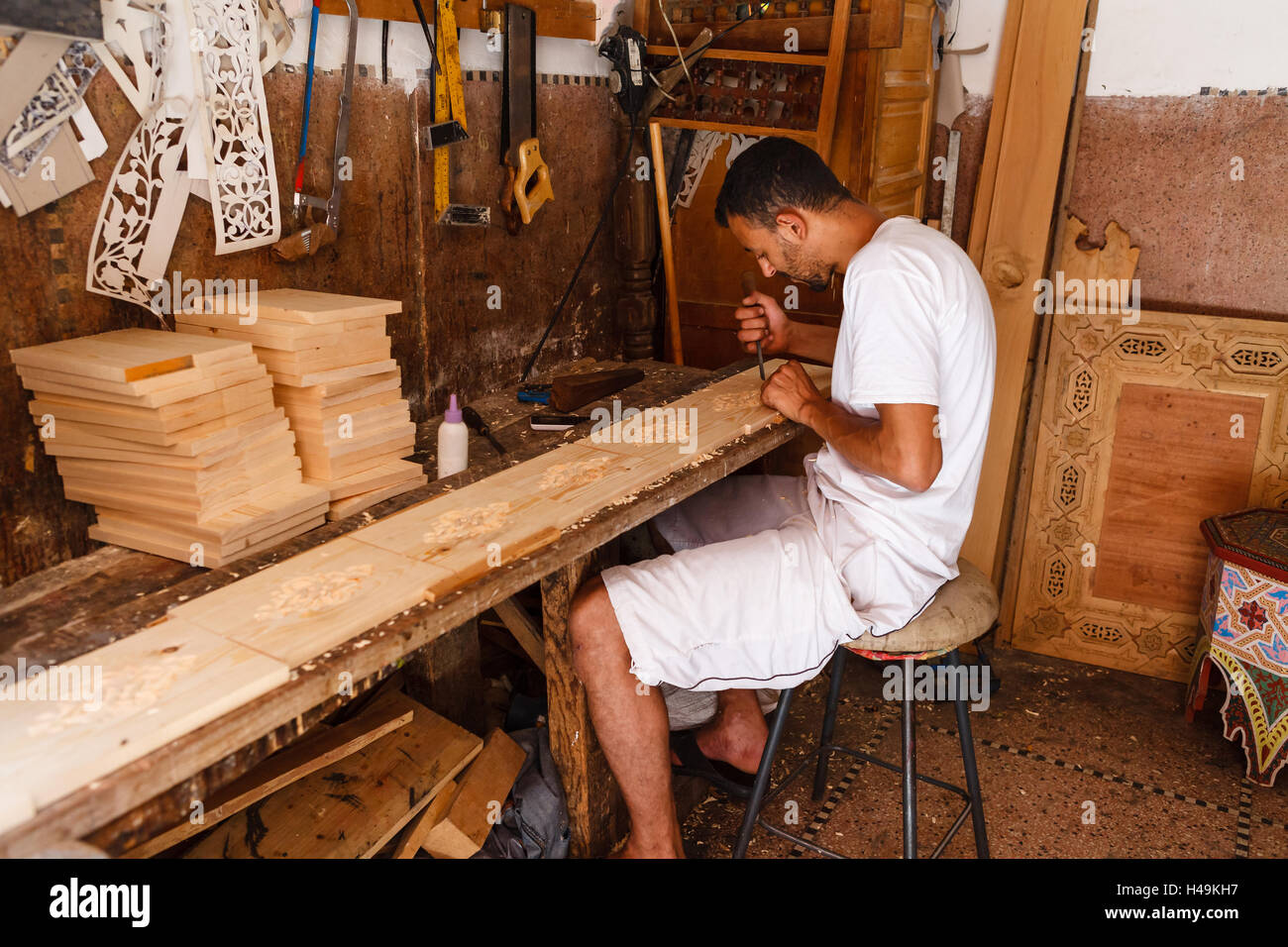 Manual production of wood products and souvenirs in Morocco. Stock Photo