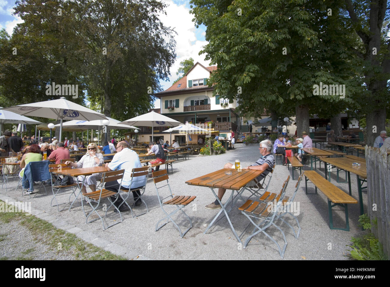 Beer garden in Uffing at the Staffelsee, Stock Photo