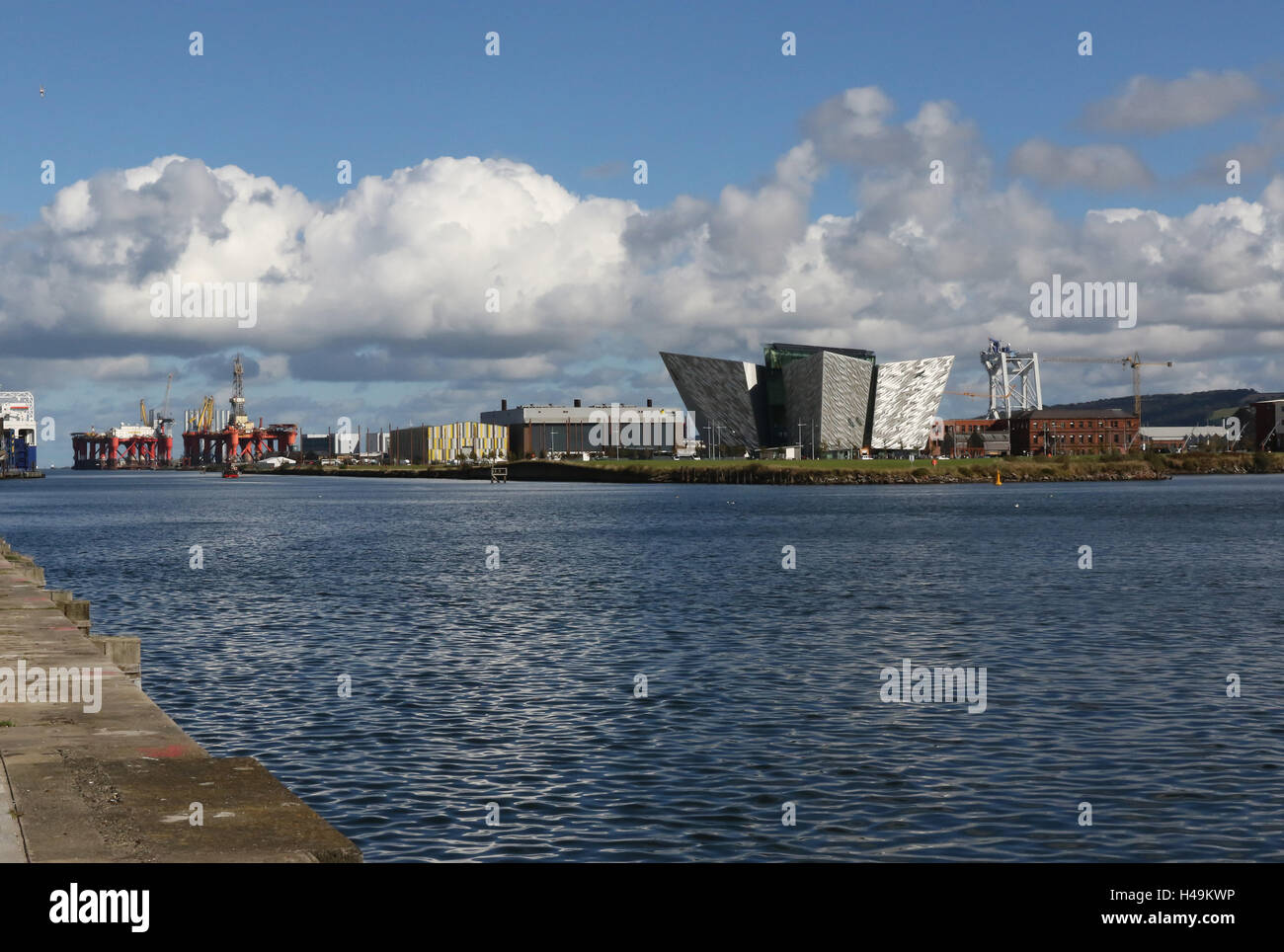 View across the Port of Belfast to The Titanic Building  in Belfast's Titanic Quarter. Stock Photo