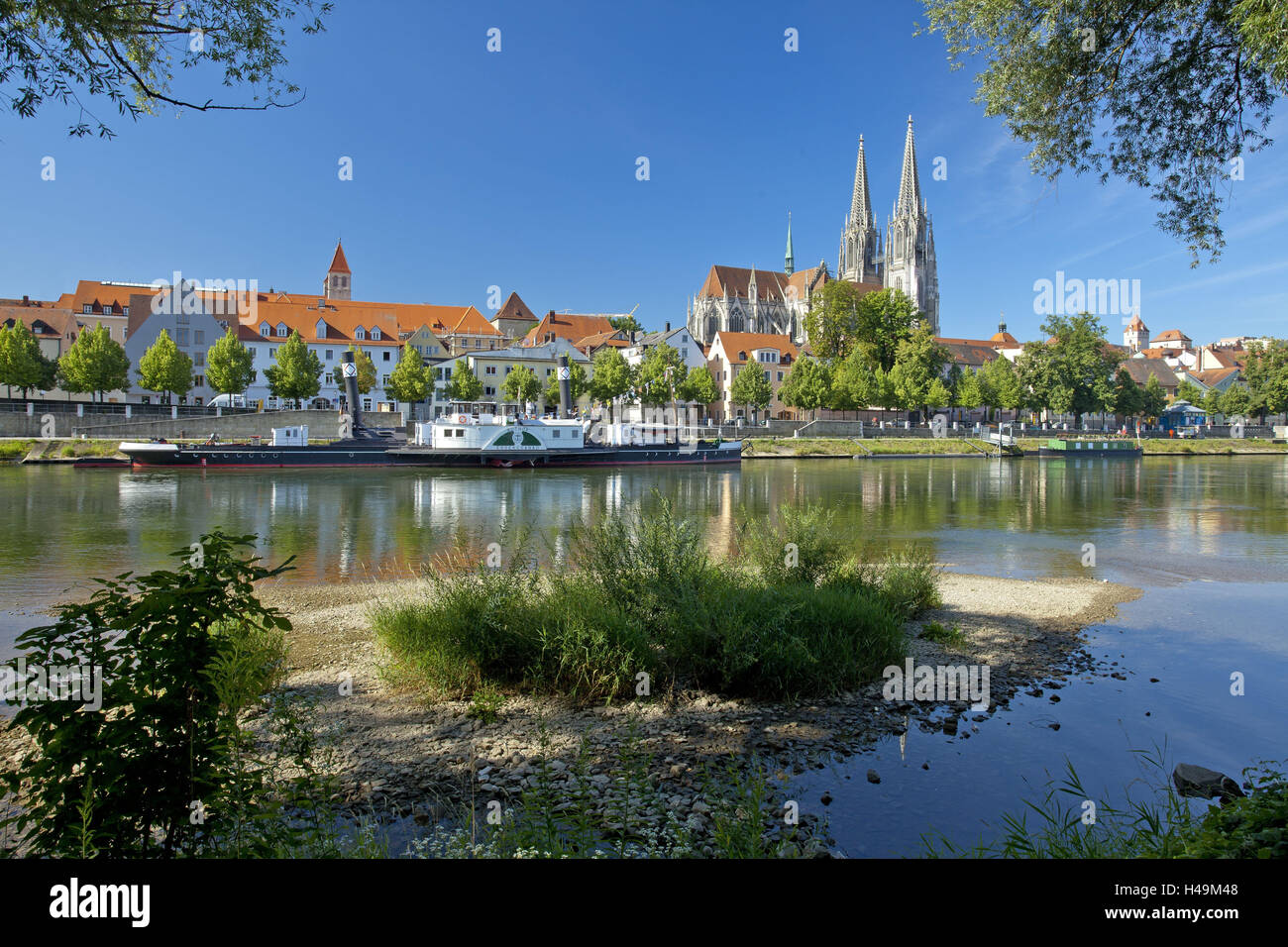 Germany, Bavaria, Regensburg, Danube shore, museum ship, cathedral, Stock Photo