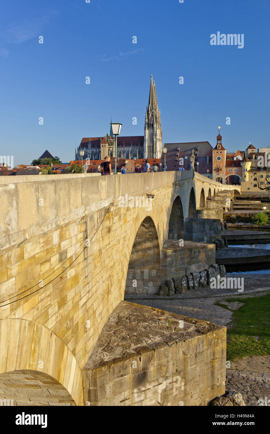 Germany, Bavaria, Regensburg, old stone bridge, Stock Photo