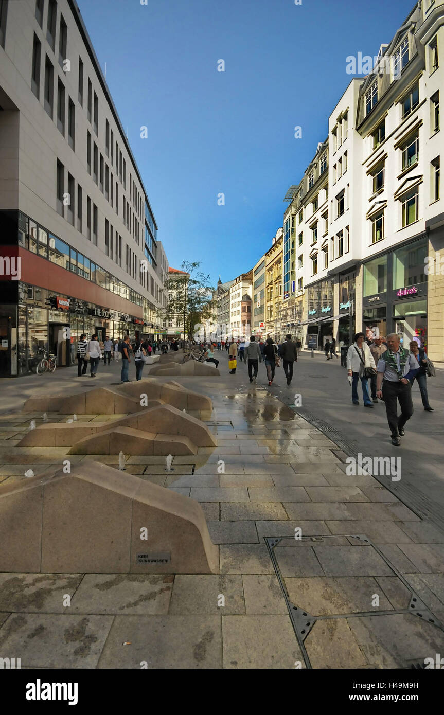 Germany, Saxony, Leipzig, Grimma broad street, business street, well, pedestrian's range, town, townscape, street, pedestrian area, person, passer-by, pedestrian, shopping, shopping street, facades, houses, shops, play water, fountain, Stock Photo