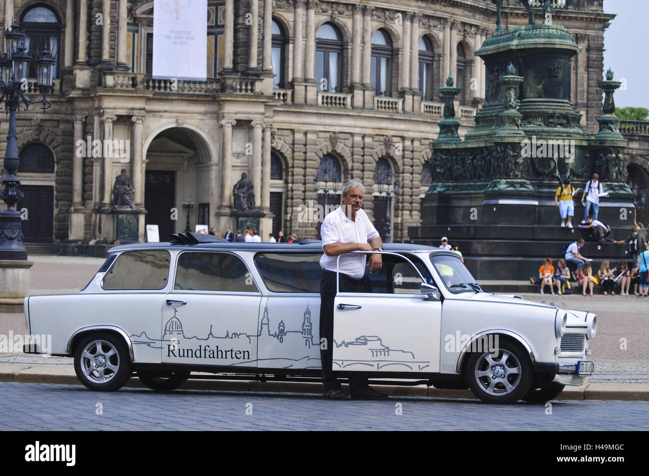 Stretched Trabant in the theatre square, Dresden, Saxony, Germany, Stock Photo